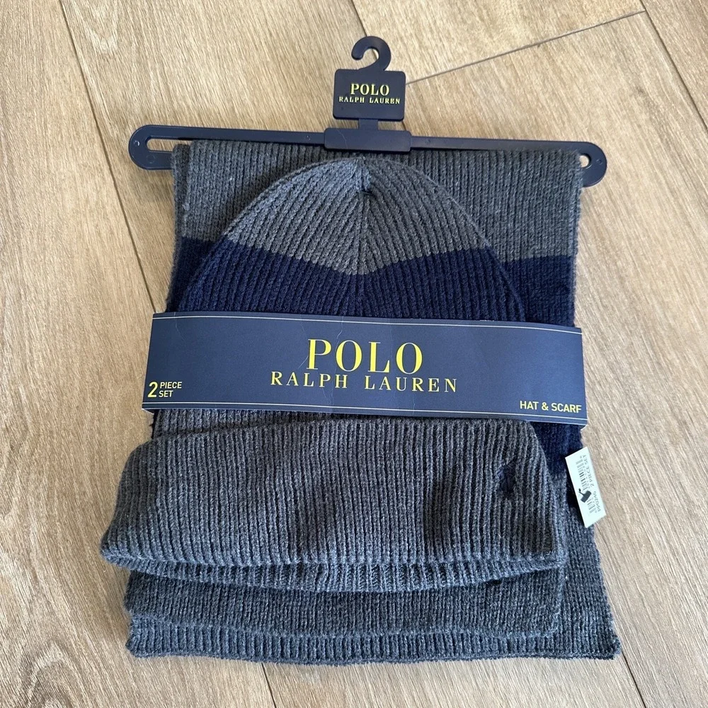 Polo Ralph Lauren Hat & Scarf Set Gray & Navy Blue, Embroidered Pony BRAND‎ NEW